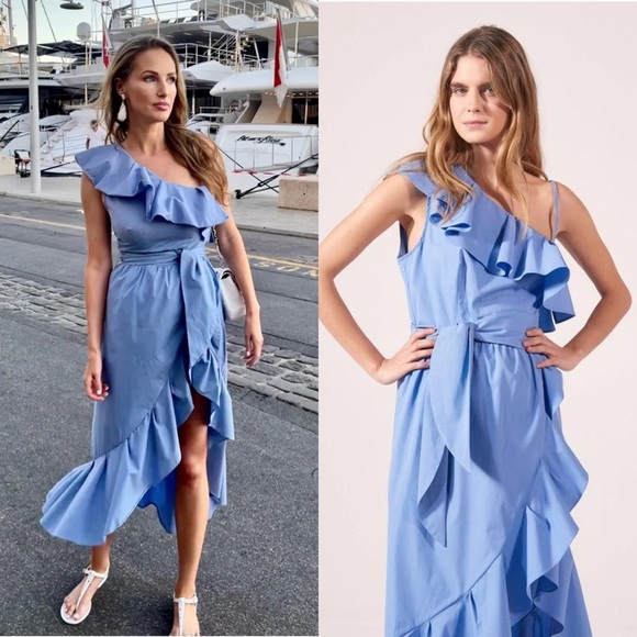 NWT SANDRO Cotton Poplin Sleeveless One Shoulder Ruffle Trim Faux Wrap‎ Dress L - Picture 3 of 9